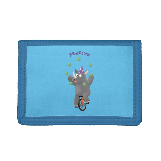 Funny cute rhino juggling on unicycle trifold wallet (Front)