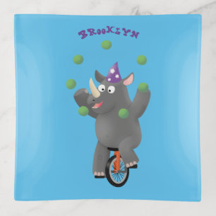 Funny cute rhino juggling on unicycle trinket tray