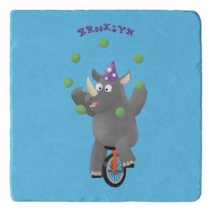 Funny cute rhino juggling on unicycle trivet