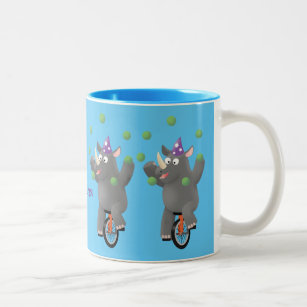 Funny cute rhino juggling on unicycle Two-Tone coffee mug