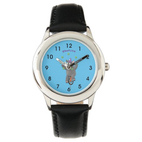 Funny cute rhino juggling on unicycle watch