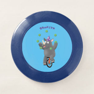 Funny cute rhino juggling on unicycle Wham-O frisbee