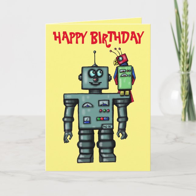 Funny cute robot and parrot happy birthday card (Front)