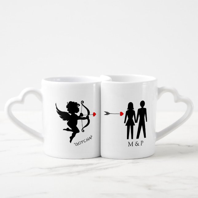 Funny Cute Romantic Cupid "Gotcha" Coffee Mug Set (Front Nesting)