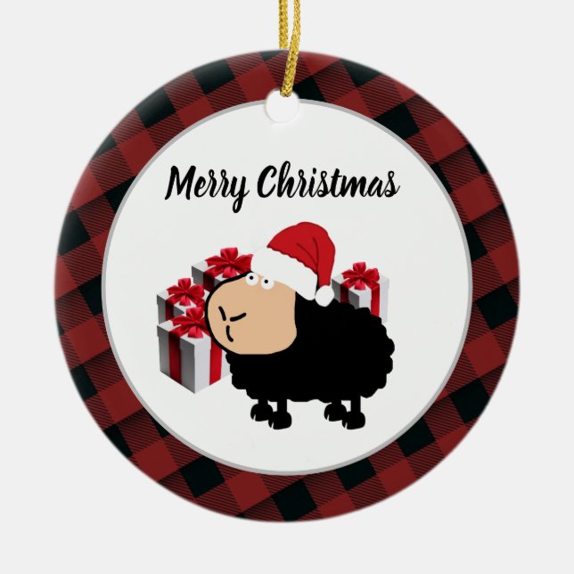 Funny cute Santa cartoon sheep Christmas Ceramic Ornament (Front)