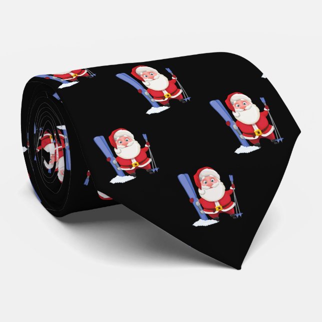 Funny Cute Santa Skiing Christmas Black Neck Tie (Rolled)