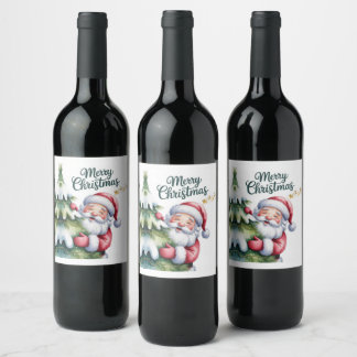 Funny Cute Santa with Tree and Typography Wine Label