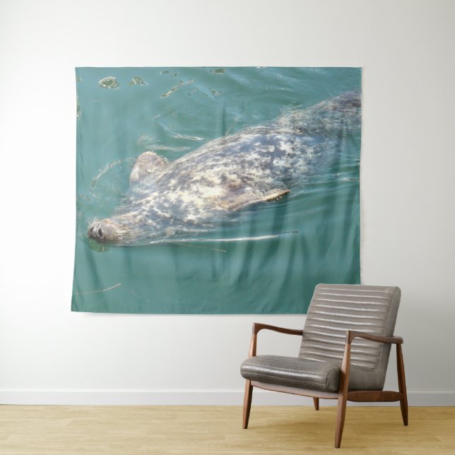 Funny cute Seal Floating on Back in Ocean Tapestry (In Situ (Horizontal))