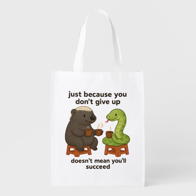 Funny, cute, simple snake cartoon meme quote gift grocery bag (Front)
