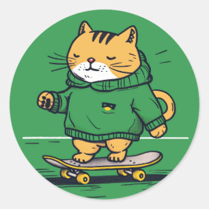Funny Cute Skate Cat On Skateboard Classic Round Sticker