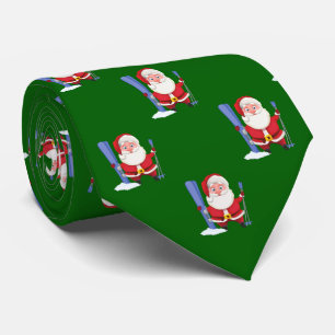Funny Cute Skiing Santa Christmas Green Neck Tie