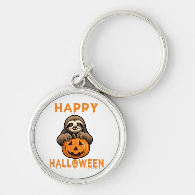 Funny Cute Sloth Holding Pumpkin Keychain (Front)