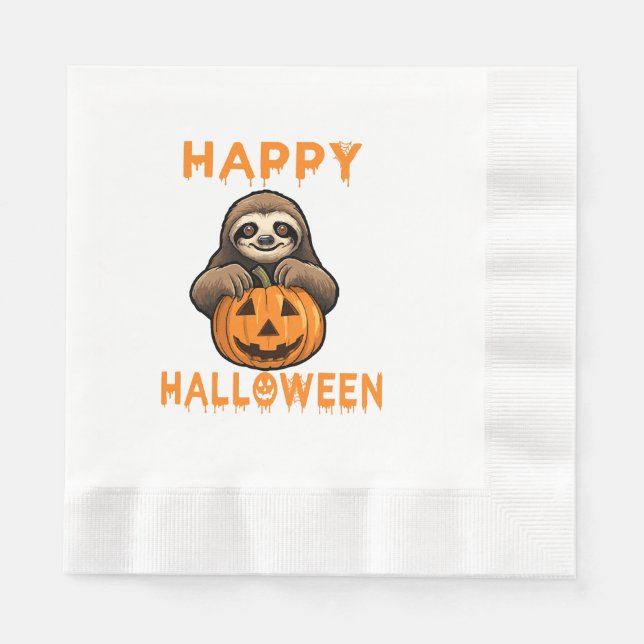 Funny Cute Sloth Holding Pumpkin Napkins (Front)