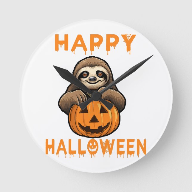 Funny Cute Sloth Holding Pumpkin Round Clock (Front)