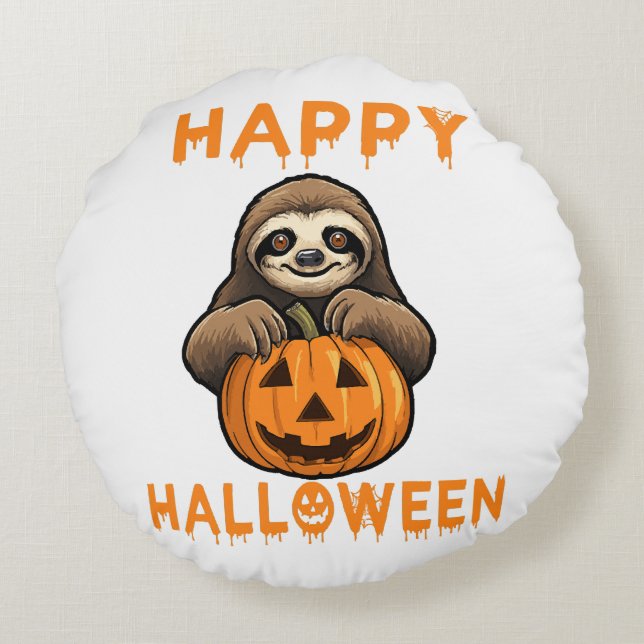 Funny Cute Sloth Holding Pumpkin Round Pillow (Back)