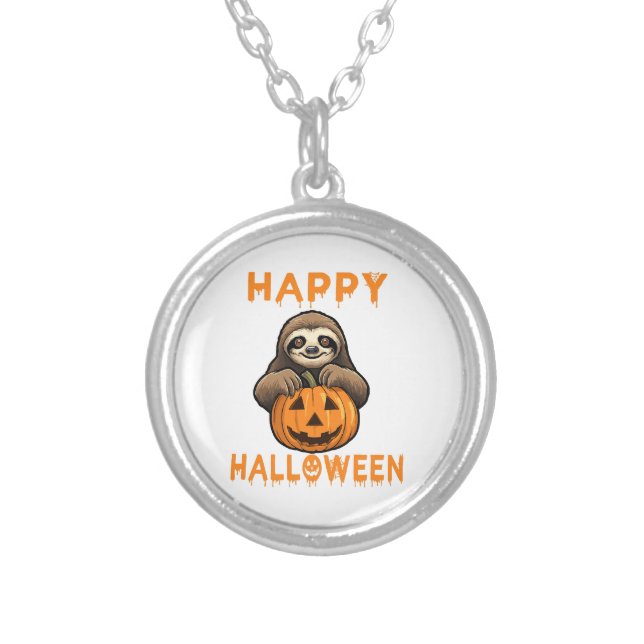 Funny Cute Sloth Holding Pumpkin Silver Plated Necklace (Front)