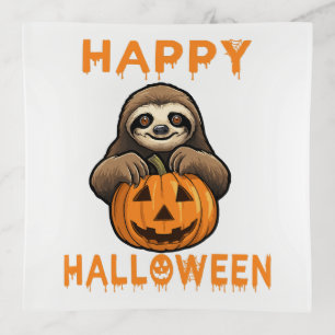Funny Cute Sloth Holding Pumpkin Trinket Tray