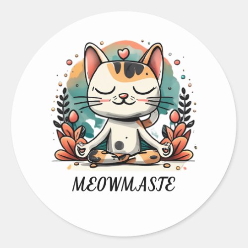 Funny Cute Spiritual Cat Meditating MEOWMASTE Classic Round Sticker