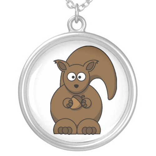 Funny Cute Squirrel Illustration Silver Plated Necklace