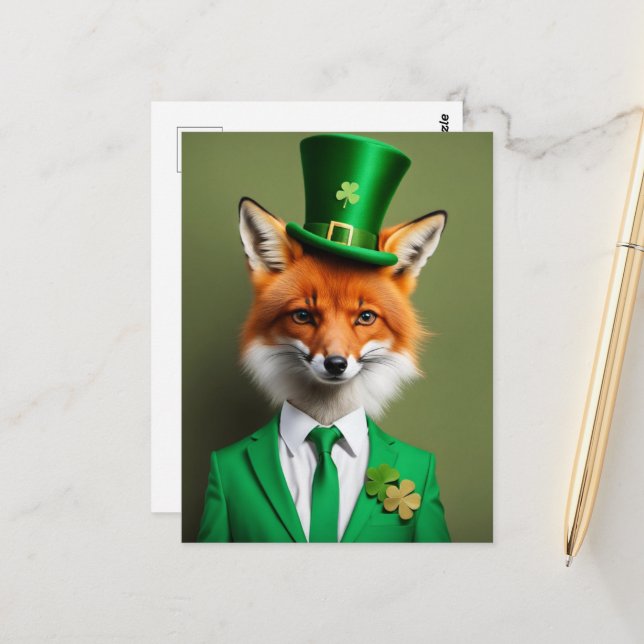 Funny Cute St. Patricks Day Fox Postcard (Front/Back In Situ)
