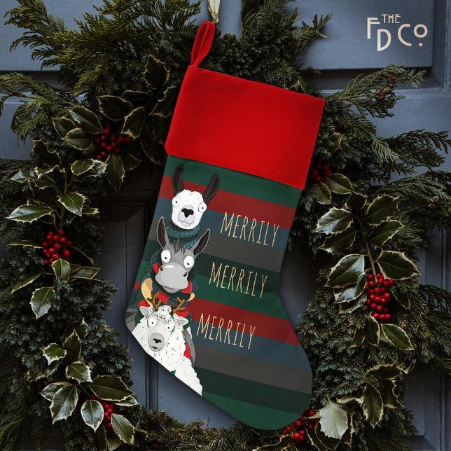 Funny Cute Stripe “Merrily Merrily Merrily" Animal Christmas Stocking (Creator Uploaded)