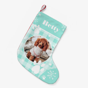 Funny cute teal flannel dog pet photo Christmas Small Christmas Stocking