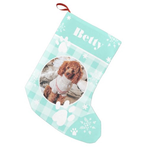 Funny cute teal flannel dog pet photo Christmas Small Christmas Stocking