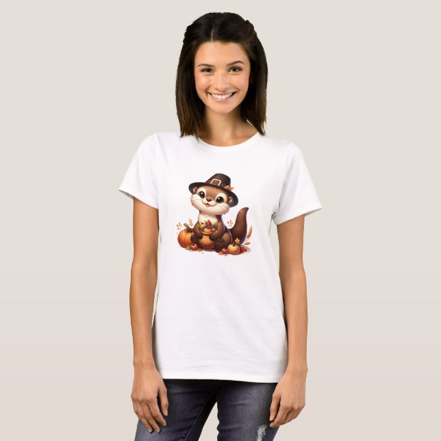 Funny Cute Thankful Otter Thanksgiving T-Shirt (Front Full)
