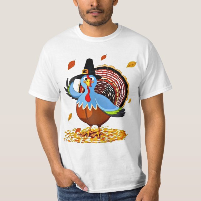 Funny Cute Thanksgiving Turkey in a Pilgrim Hat T-Shirt (Front)
