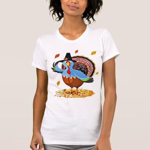Funny Cute Thanksgiving Turkey in a Pilgrim Hat T_Shirt