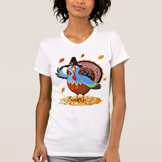 Funny Cute Thanksgiving Turkey in a Pilgrim Hat T-Shirt (Front)