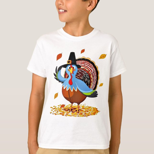 Funny Cute Thanksgiving Turkey in a Pilgrim Hat T-Shirt (Front)
