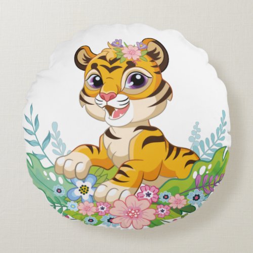 Funny cute tiger cub in flowers round pillow