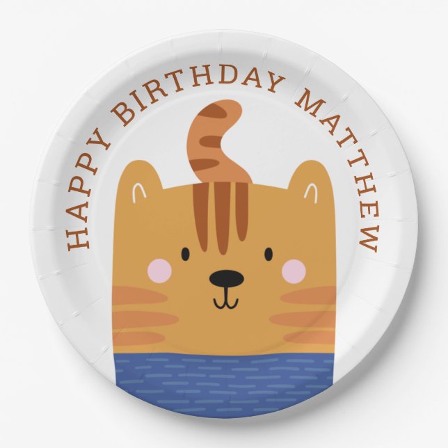 Funny cute tiger. Kids zoo safari animal birthday Paper Plates (Front)