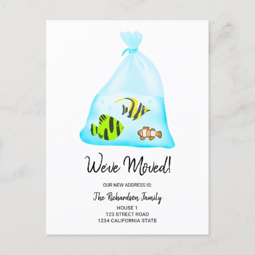 Funny cute tropical fishes illustration moving announcement postcard