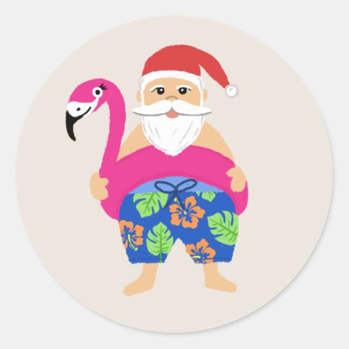 Funny Cute Tropical Santa Holiday Pool Float Classic Round Sticker