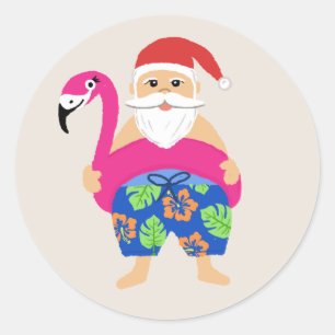 Funny Cute Tropical Santa Holiday Pool Float Classic Round Sticker