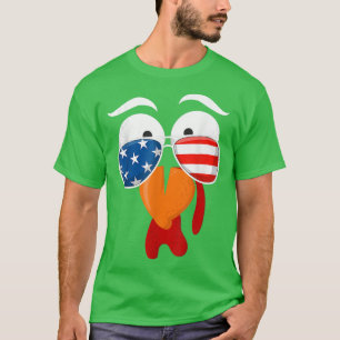 Funny Cute Turkey Face Thanksgiving American Flag T-Shirt