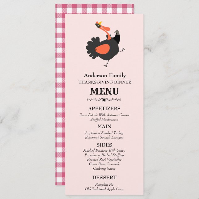 Funny Cute Turkey Thanksgiving Dinner Menu (Front/Back)