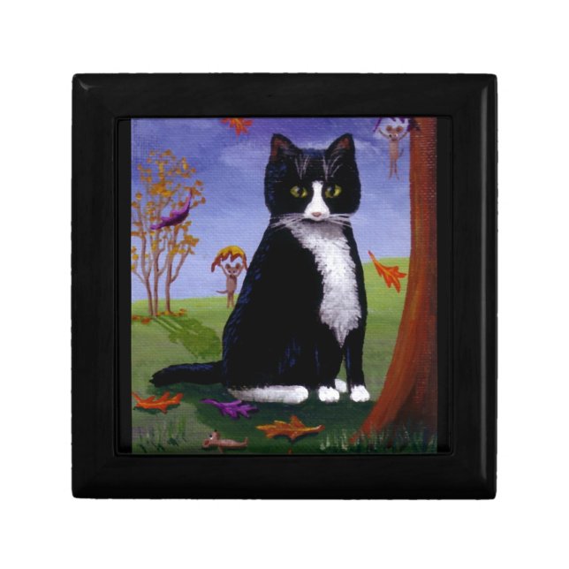 Funny Cute Tuxedo Cat Mouse Leaves Creationarts Jewelry Box (Front)