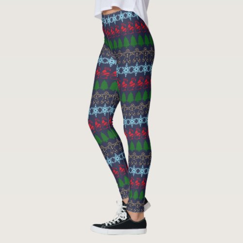 Funny Cute Ugly Christmas Sweater Pattern Blue Leggings