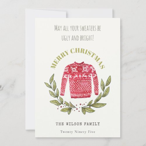 Funny Cute Ugly Sweater Leafy Red Green Christmas Holiday Card