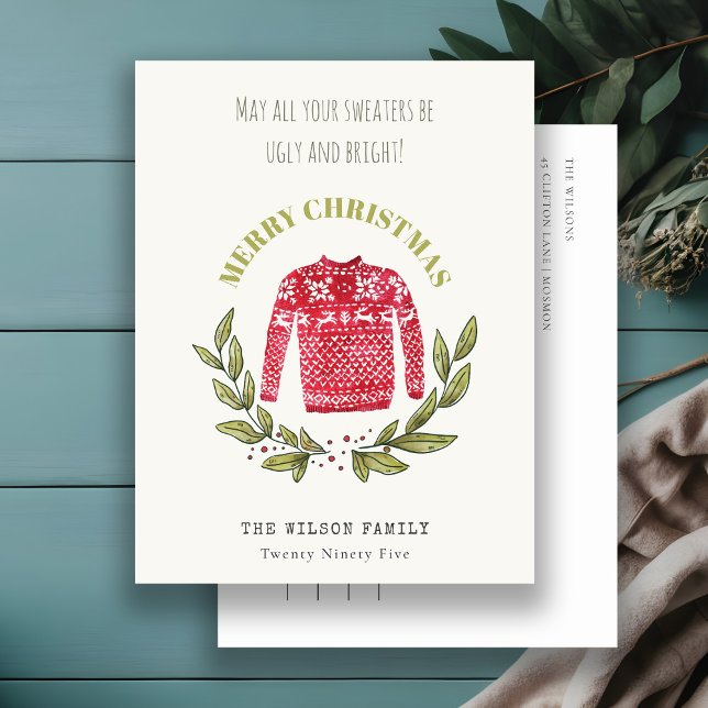 Funny Cute Ugly Sweater Leafy Red Green Christmas Holiday Postcard (Creator Uploaded)