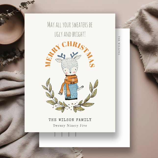 Funny Cute Ugly Sweater Leafy Reindeer Christmas Holiday Postcard (Creator Uploaded)