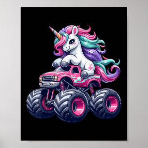 Funny Cute Unicorn Riding A Pink Monster Truck Gir Poster