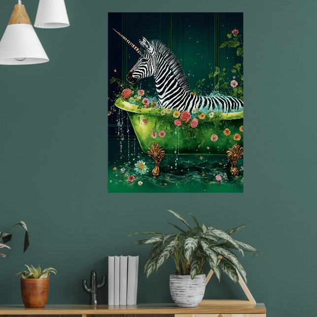 Funny Cute Unicorn Zebra in a Bathtub Poster (Living Room 1)
