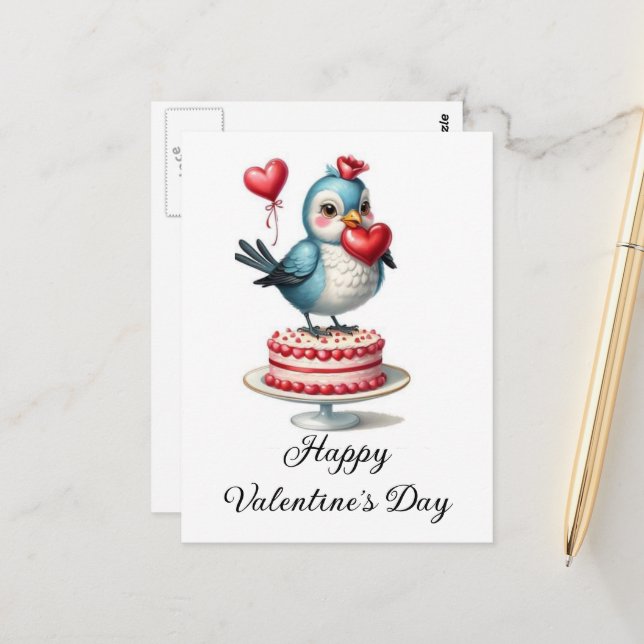 Funny Cute Valentine Bird on a Cake Postcard (Front/Back In Situ)