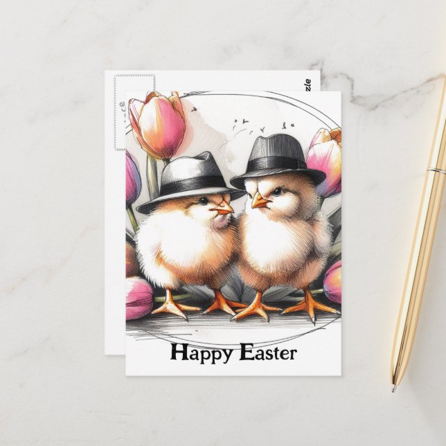 Funny Cute Vintage Easter Chicks in Hats Postcard (Front/Back In Situ)