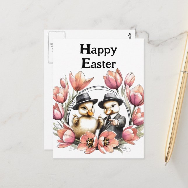 Funny Cute Vintage Easter Ducklings in Suits Postcard (Front/Back In Situ)