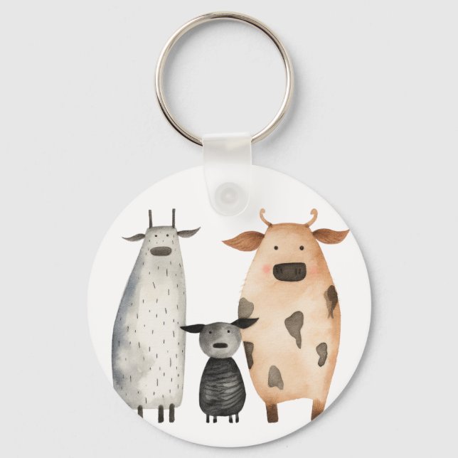 Funny cute watercolor cows familly humor farm  keychain (Front)